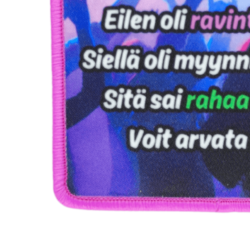 Painatettu haalarimerkki saumatulla reunalla