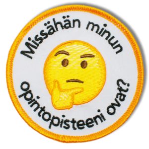 Brodeerattu haalarimerkki hymiöstä saumatulla reunalla, tekstillä: ''Missähän minun opintopisteeni ovat?''