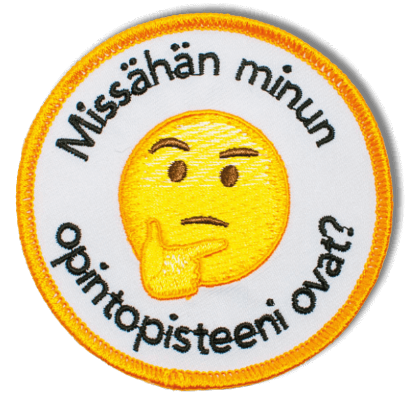 Brodeerattu haalarimerkki hymiöstä saumatulla reunalla, tekstillä: ''Missähän minun opintopisteeni ovat?''