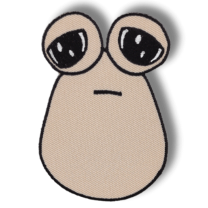 Brodeerattu haalarimerkki Pou pehmolelusta laserleikatulla reunalla