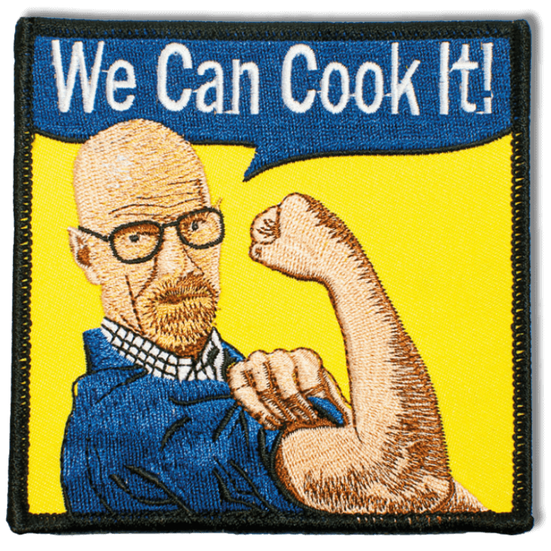 Brodeerattu haalarimerkki Breaking Bad tv-sarjasta saumatulla reunalla, tekstillä: ''We can cook it!''