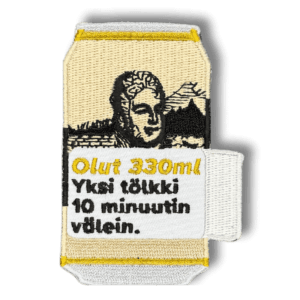 Brodeerattu haalarimerkki oluttölkistä laserleikatulla reunalla ja tekstillä: ''Yksi tölkki 10 minuutin välein''
