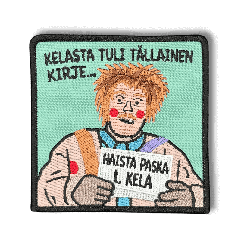Brodeerattu haalarimerkki röllipeikosta saumatulla reunalla ja tekstillä: ''Haista paska t.Kela''