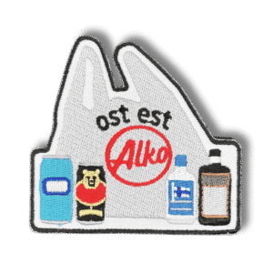 Brodeerattu haalarimerkki muovipussista ja alkoholijuomista laserleikatulla reunalla ja tekstillä: ''ost. est.''